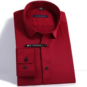 Professional slim fit wine red long sleeve dress shirt with stretch anti-wrinkle fabric