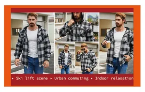 Men's hooded plaid flannel jacket collage showcasing urban commuting and indoor relaxation style