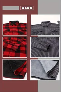 Close-up details of warm fleece lining and cuff textures for men's flannel shirts