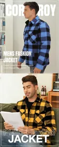 Detailed view of men's blue and yellow plaid fleece-lined flannel shirt jackets