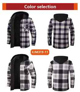 Detailed view of men's hooded plaid fleece-lined shirts in two different color patterns