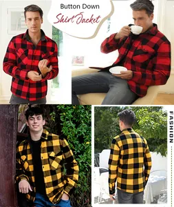 Men's fleece-lined flannel buffalo plaid shirt jacket in red and yellow color options