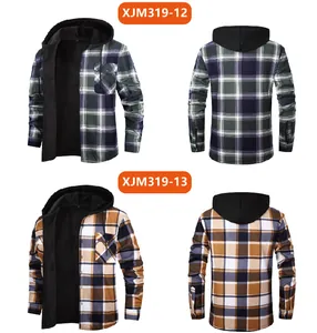 Detailed view of men's fleece-lined hooded plaid shirts in green and brown patterns