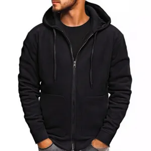 Classic men's solid black zip-up hoodie featuring a drawstring hood and front pockets