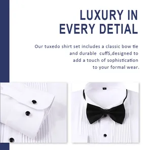 Detailed view of tuxedo shirt set with bow tie and cufflinks
