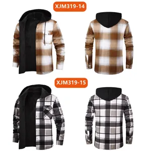 Showcasing front and back views of men's fleece-lined hooded plaid flannel shirts