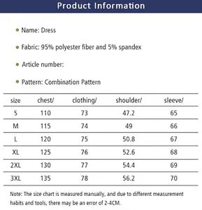 Detailed size chart for men's long-sleeved dress shirt with measurements for S to 3XL