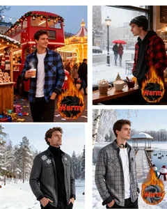 Men's warm plush flannel plaid shirt detail shown in winter street and snow scenes