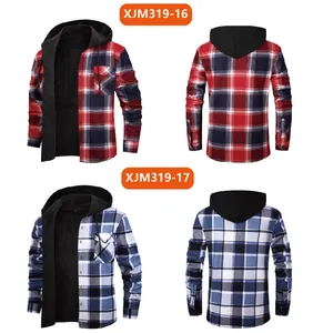 Front and back views of two fleece-lined plaid hooded shirts in red and blue colorways