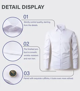 Détail de la chemise blanche à manches longues avec poignets mousquetaires et boutons de manchette.