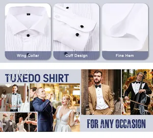 Detail view of men's white tuxedo shirt showing wing collar and pleated front