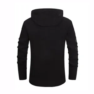 Back view of a classic solid black men's hooded sweater cardigan sweatshirt coat