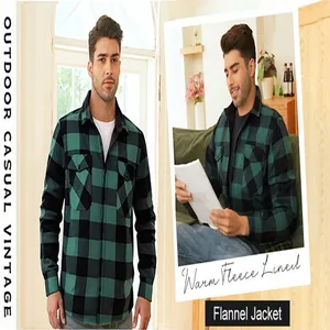 Detail view of men's warm fleece-lined green and black plaid flannel shirt jacket