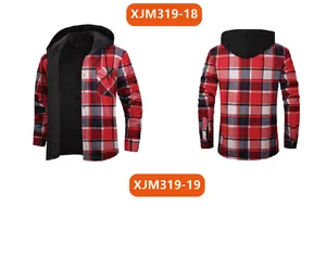 Front and back views of red plaid hooded shirt with warm black fleece lining.