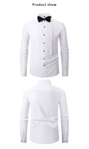 Detailed front and back views of a white tuxedo dress shirt with pleats and black bowtie