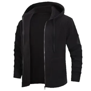 Men's solid black hooded cardigan jacket with front zipper and pockets for autumn winter