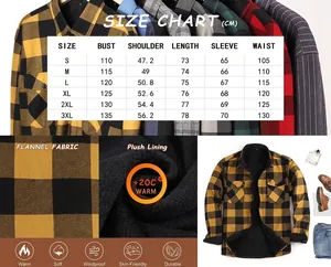 Tabella taglie e dettagli tessuto per camicia di flanella calda da uomo con fodera.