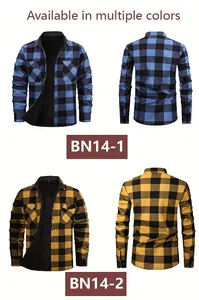 Detailed view of men's flannel plaid long-sleeve shirts in blue and yellow colors