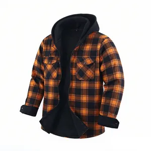 Chemise à capuche en flanelle pour hommes à carreaux orange et doublure polaire noire