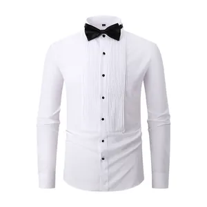 Men's Formal Tuxedo White Shirt Wing Collar Pleated Front Long Sleeve Wedding Groomsmen Shirt With Bowtie Black Studs