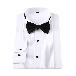 Professional white long sleeve tuxedo dress shirt with black bow tie for wedding ceremonies