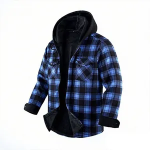 Veste à capuche en flanelle à carreaux bleus et noirs pour hommes avec doublure polaire
