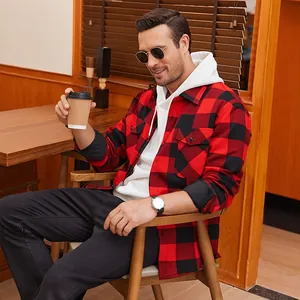 Men's red and black plaid fleece-lined flannel shirt for casual autumn winter.