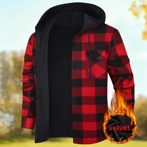 Men's warm red and black plaid hooded flannel shirt jacket with thickened velvet lining.