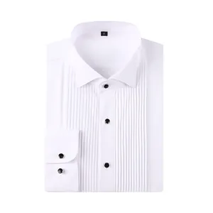 Classic white long sleeve tuxedo shirt with pleated front and black studs