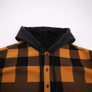High-quality men's orange and black plaid flannel hooded shirt with drawstring detail