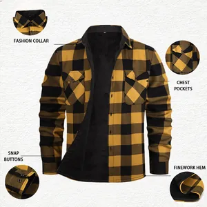 Men's yellow and black plaid flannel shirt with warm fleece lining and chest pockets