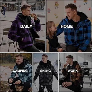 Men's heavy fleece-lined flannel hooded plaid shirt jacket for versatile wear