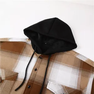 Men's casual brown plaid hooded shirt with fleece lining for warmth and comfort.