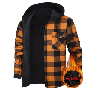 Men's hooded flannel plaid shirt jacket with warm velvet lining for winter