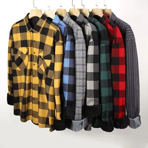 Warm men's fleece-lined flannel plaid and striped shirts in various color patterns