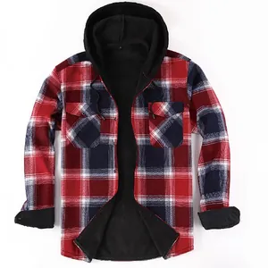 Classic red plaid hooded flannel shirt with thick black fleece lining for men outdoor