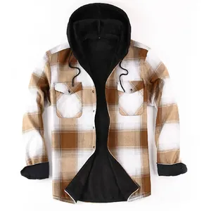 Men's plaid hooded shirt with warm fleece lining and long sleeves in brown and white.