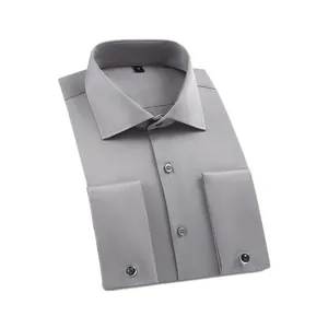 Chemise grise à manches longues pour hommes avec poignets mousquetaires et boutons
