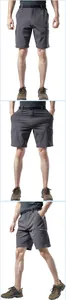 Detailed views of men's quick-dry hiking cargo shorts in dark grey with belt