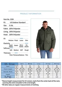 Guide des tailles détaillé pour veste d'hiver épaisse à capuche vert olive pour homme