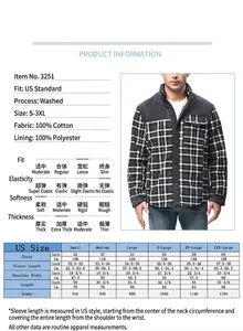 Tableau des tailles pour veste à carreaux en coton épais pour homme standard US