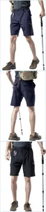 Detail shots of men's quick-dry hiking shorts in navy and black with trekking gear