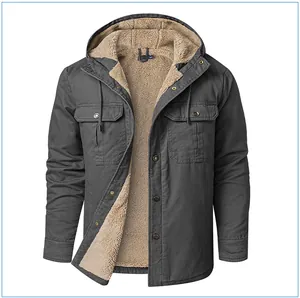 Detail view of men's dark grey hooded jacket with warm sherpa fleece lining