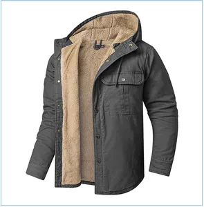 Detailed view of a men's dark gray hooded jacket with a warm lamb fleece lining