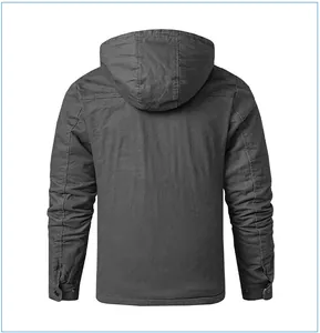 Back view of men's dark grey hooded winter jacket with fleece lining and buttoned cuffs