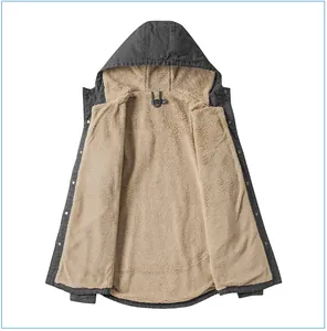 Detailed view of men's cotton hooded jacket featuring soft beige sherpa fleece lining