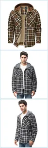Giacca a camicia di flanella a quadri con cappuccio da uomo e calda fodera in sherpa