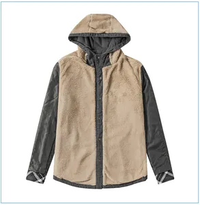 Detailed view of a men's hooded sherpa jacket with contrasting grey sleeves.