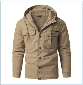 Men's khaki hooded jacket with warm sherpa fleece lining and functional cargo pockets.