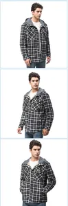 Dettagli di una camicia in flanella a scacchi con cappuccio foderata in pile uomo.